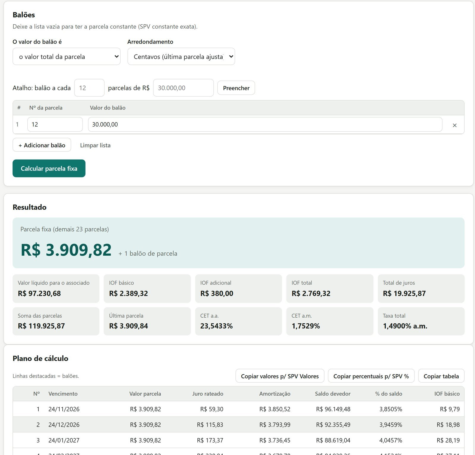 Simulador de parcelas com resultado